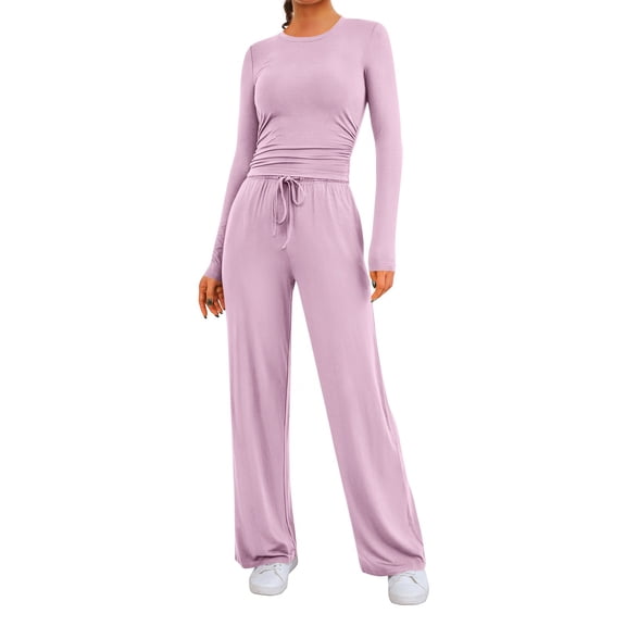 Women's 2 Piece Outfits Lounge Sets 2026 Fall Long Sleeve Tops Wide Leg Pants Casual Matching Set Pink 2XL