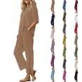 thumbnail image 1 of Women's 2 Piece Outfits Lounge Sets 2026 Short Sleeve Tops Wide Leg Pants Casual Matching Set by Yigetop Beige L, 1 of 7