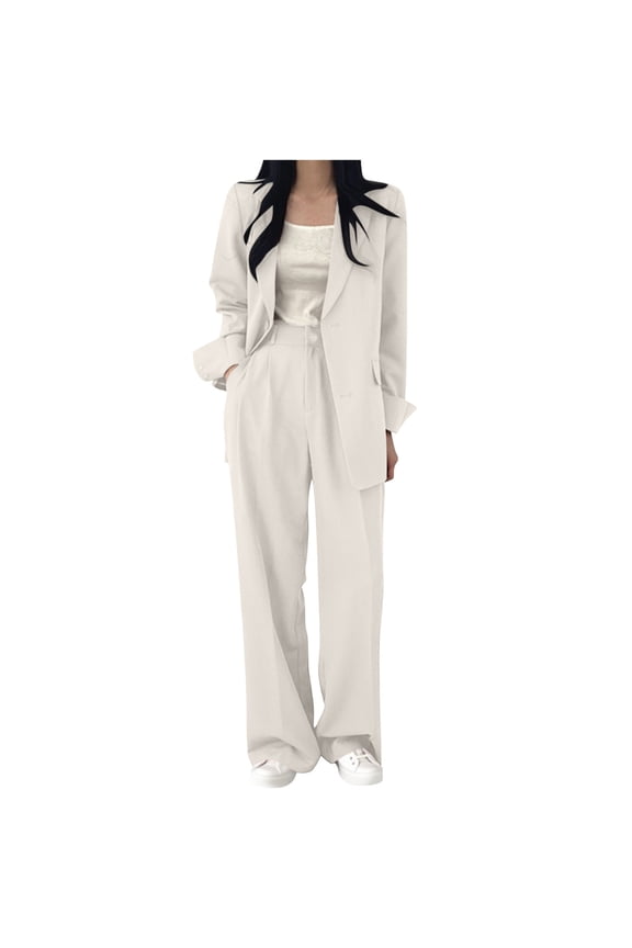 Women's 2 Piece Outfits Oversized Dressy Blazer Jacket Wide Leg Pants 2026 Fall Business Casual Office Work Suit Sets (3XL, Beige)