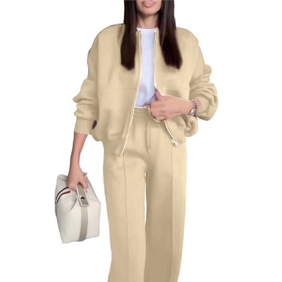 Women's 2 Piece Outfits Oversized Sweatsuit Zip Up Long Sleeve Sweatshirt with Wide Leg Sweatpants Color M