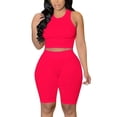 thumbnail image 1 of Women's 2 Piece Outfits - Padded Cropped Tank Top & Knee Lenght Biker Shorts Athletic Workout Sets, 1 of 5