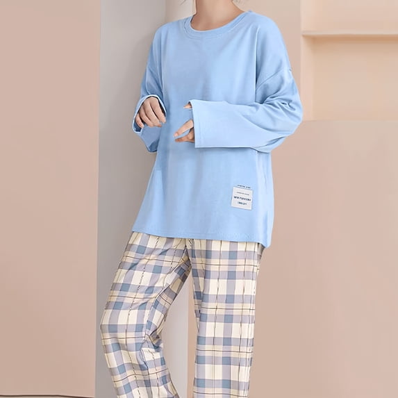 Women's 2 Piece Outfits Pajamas Sets Warm Crewneck Pullover Tops Wide Leg Pants Light Blue XXL