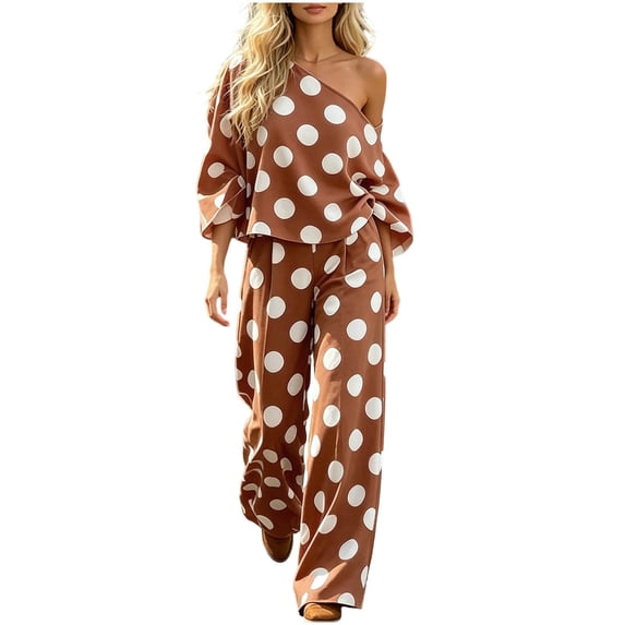Women's 2 Piece Outfits Polka Dots One Shoulder Loose Batwing Sleeve Blouse Wide Leg Pants Going Out Sets (S, Coffee)
