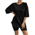 thumbnail image 1 of Women's 2 Piece Outfits Ribbed Knit Tracksuit Oversized Short Sleeve T-shirt Loose Biker Shorts Sets Loungewear Sweatsuits, 1 of 5