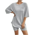 thumbnail image 1 of Women's 2 Piece Outfits Ribbed Knit Tracksuit Oversized Short Sleeve T-shirt Loose Biker Shorts Sets Loungewear Sweatsuits, 1 of 5