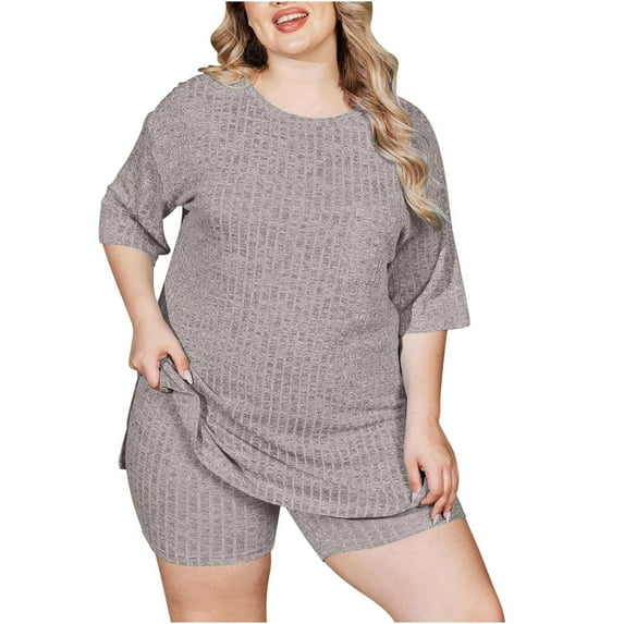Women's 2 Piece Outfits Ribbed Short Sleeve Drop Shoulder Tee And Shorts Set Plus Size Tracksuit Casual Sets Khaki,XXXXL