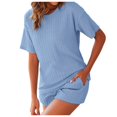 thumbnail image 1 of Women's 2 Piece Outfits Ribbed Short Sleeve Drop Shoulder Tee And Shorts Set, 1 of 2