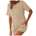 thumbnail image 1 of Women's 2 Piece Outfits Ribbed Short Sleeve Drop Shoulder Tee And Shorts Set, 1 of 2