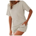 thumbnail image 1 of Women's 2 Piece Outfits Ribbed Short Sleeve Drop Shoulder Tee And Shorts Set, 1 of 2