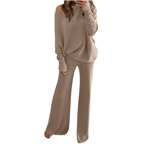 Women's 2 Piece Outfits Set Fall Clothes for Ladies Long Sleeve Tops Loungewear Casual Loose Comfy Activewear Solid Color Wide Leg High Waist Pants Khaki XL