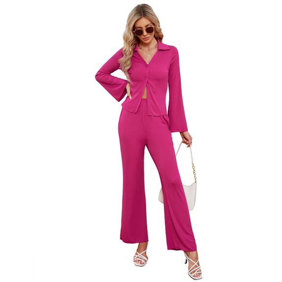 Women's 2 Piece Outfits Set Long Sleeve Notch Lapel Knit Sweater Top Wide Leg Lounge Pants Business Casual Cardigan Sets