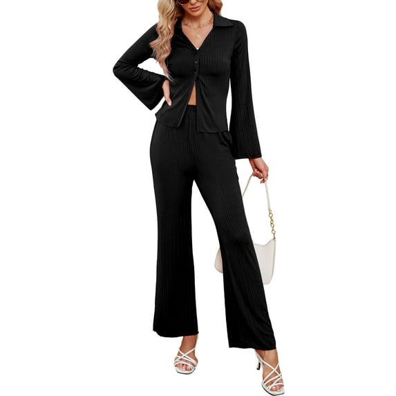 Women's 2 Piece Outfits Set Long Sleeve Notch Lapel Knit Sweater Top Wide Leg Lounge Pants Business Casual Cardigan Sets