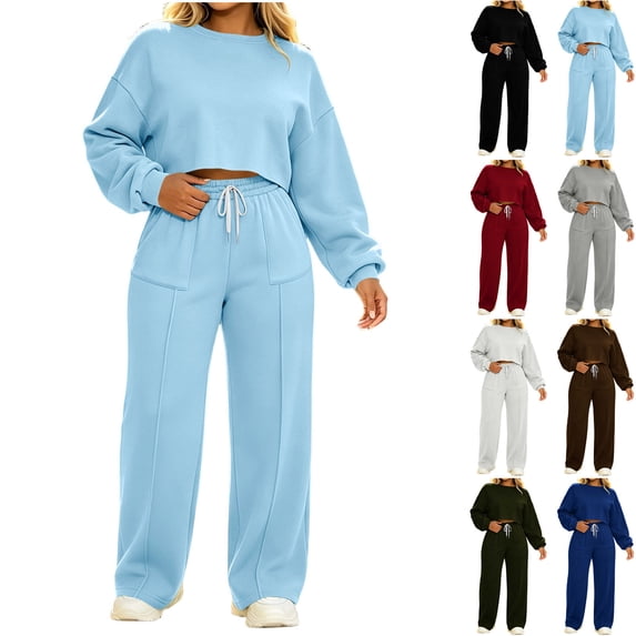 Women's 2 Piece Outfits Set Lounge Sweatsuit Crewneck Cropped Pullover Top Wide Leg Pants Casual Tracksuit Fall Casual Solid Color Loose Set