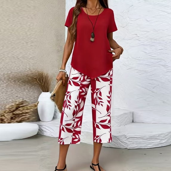 Women's 2-Piece Outfits Sets Summer Short Sleeve Asymmetric Hem Top Wide-Leg Capri Pants Lounge Set Travel Airport Vacation Outfits