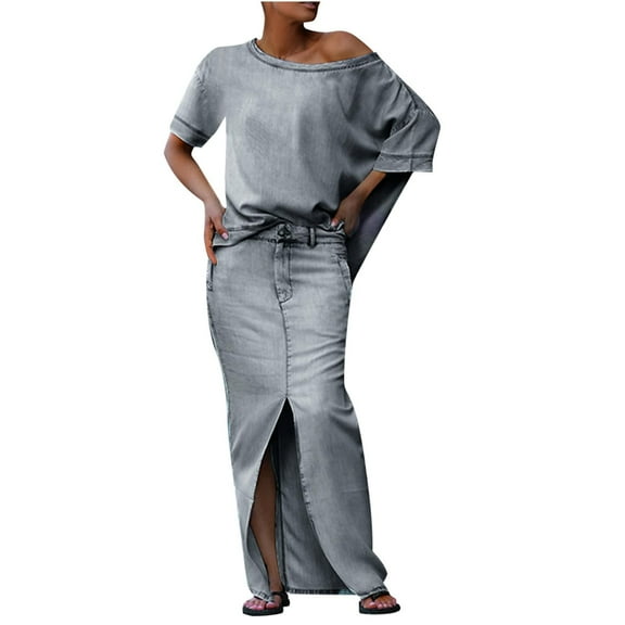 Women's 2 Piece Outfits Sexy Off The Shoulder Loose Batwing Top and Split Front Maxi Skirts Travel Lounge Sets