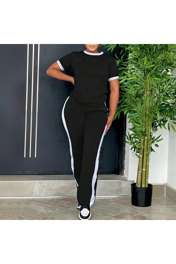 Women's 2 Piece Outfits Short Sleeve Tops Sweatpants Colorblock Bodycon Lounge Sets Tracksuit Black M