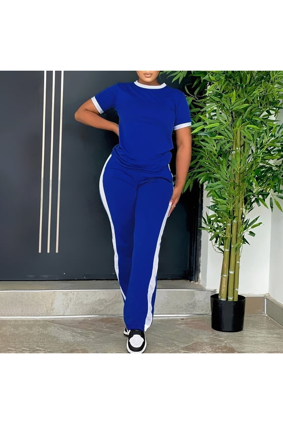 Women's 2 Piece Outfits Short Sleeve Tops Sweatpants Colorblock Bodycon Lounge Sets Tracksuit Blue L
