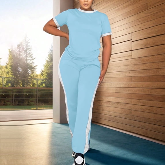 Women's 2 Piece Outfits Short Sleeve Tops Sweatpants Colorblock Bodycon Lounge Sets Tracksuit Light Blue L