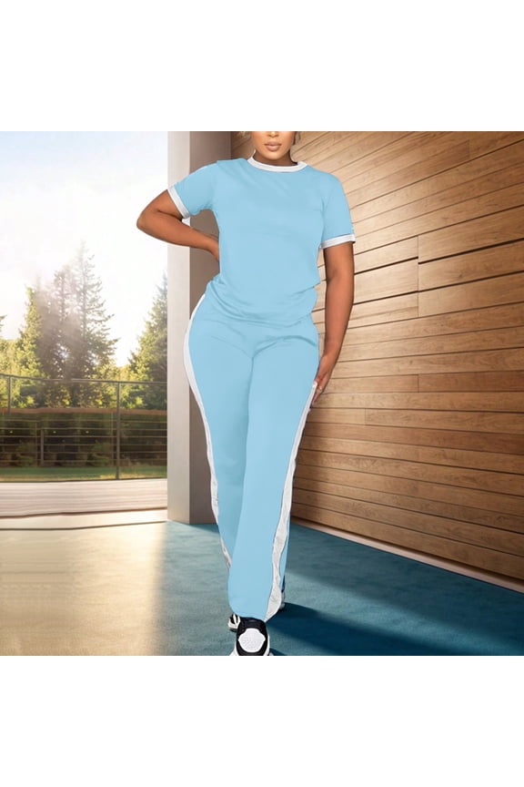 Women's 2 Piece Outfits Short Sleeve Tops Sweatpants Colorblock Bodycon Lounge Sets Tracksuit Light Blue M