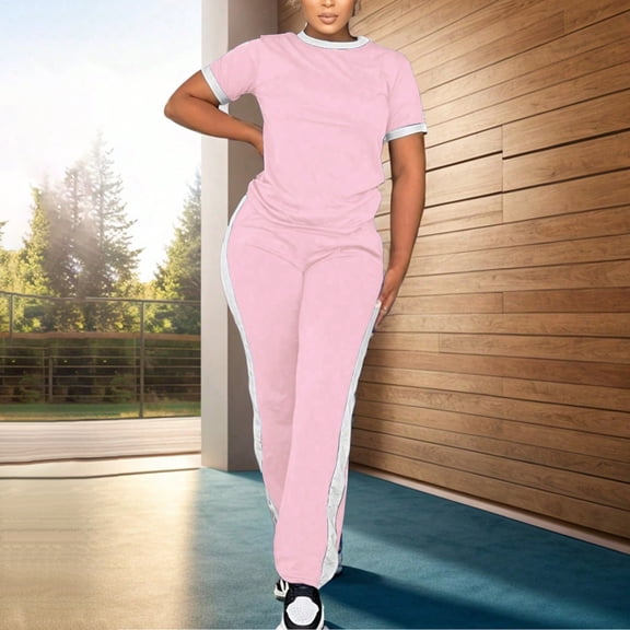 Women's 2 Piece Outfits Short Sleeve Tops Sweatpants Colorblock Bodycon Lounge Sets Tracksuit Pink XL