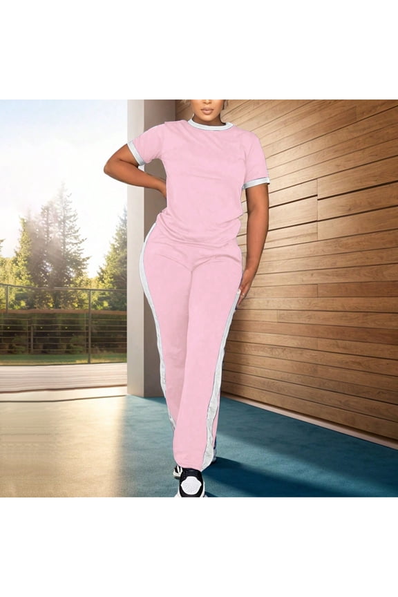Women's 2 Piece Outfits Short Sleeve Tops Sweatpants Colorblock Bodycon Lounge Sets Tracksuit Pink XL
