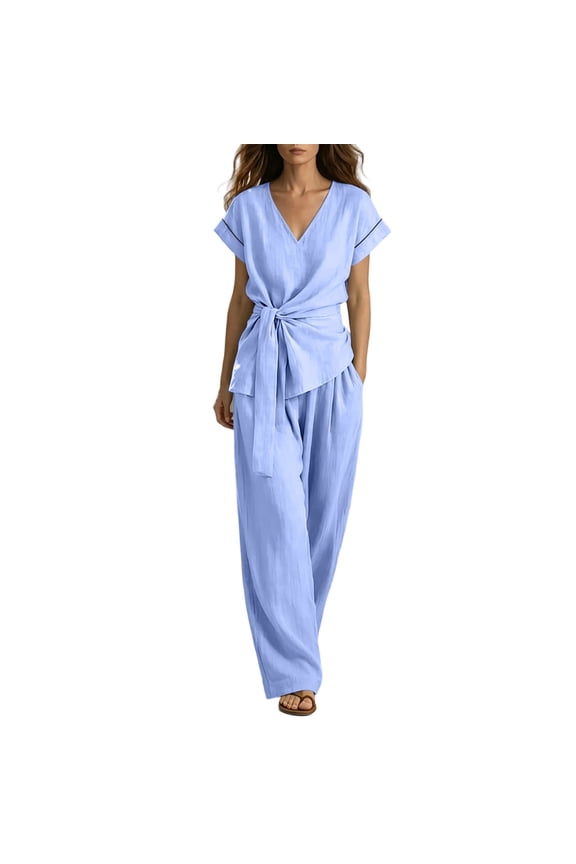 Women's 2 Piece Outfits Short Sleeve V Neck Top Wide Leg Pant Business Suit Set Dressy Pantsuits Summer Belted Top Loose Matching Set