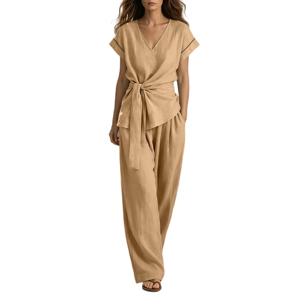 Women's 2 Piece Outfits Short Sleeve V Neck Top Wide Leg Pant Business Suit Set Dressy Pantsuits Summer Belted Top Loose Matching Set