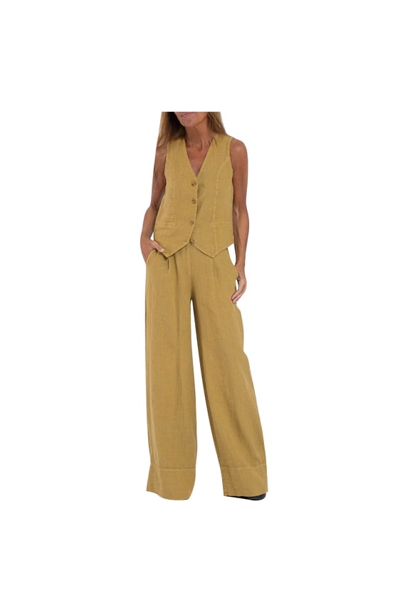 Women's 2 Piece Outfits Sleeveless Button Suit Vest Wide Leg Pants Set Casual Matching Set Business Suits