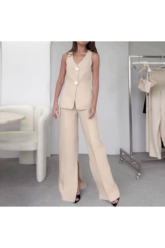 Women's 2 Piece Outfits Sleeveless Suit Vest And Wide Leg Pants Business Casual Sets Womens Outfits Dressy Casual Dressy Pant Suits for A Wedding Winter Pant Suits for Women Dressy plus Size Weavers