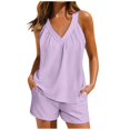 thumbnail image 1 of Women's 2 Piece Outfits Sleeveless V Neck Ruffle Sets Summer Contrast Top Matching Shorts, 1 of 6