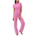 thumbnail image 1 of Women's 2 Piece Outfits Slim Round Neck Short Sleeve Crop Tops High Waisted Wide Leg Pants Casual Matching Sets, 1 of 5
