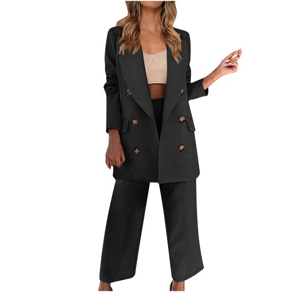Women's 2 Piece Outfits Solid Open Front Long Sleeve Blazer Jackets and Cropped Pant Elegant Work Office Suit Sets