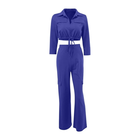 Women's 2 Piece Outfits Solid Sweatsuits Half Sleeve V Neck Lapel Crop Tops Wide Leg Long Pants Sets for Casual Work