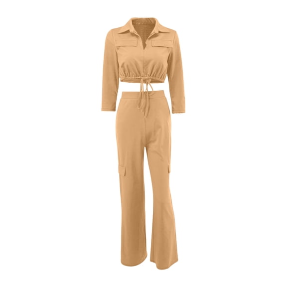 Women's 2 Piece Outfits Solid Sweatsuits Half Sleeve V Neck Lapel Crop Tops Wide Leg Long Pants Sets for Casual Work