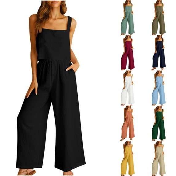 Women's 2 Piece Outfits Square Neck Linen Crop Tank Top Wide Leg Pants Matching Lounge Set Summer Casual Beach Sets