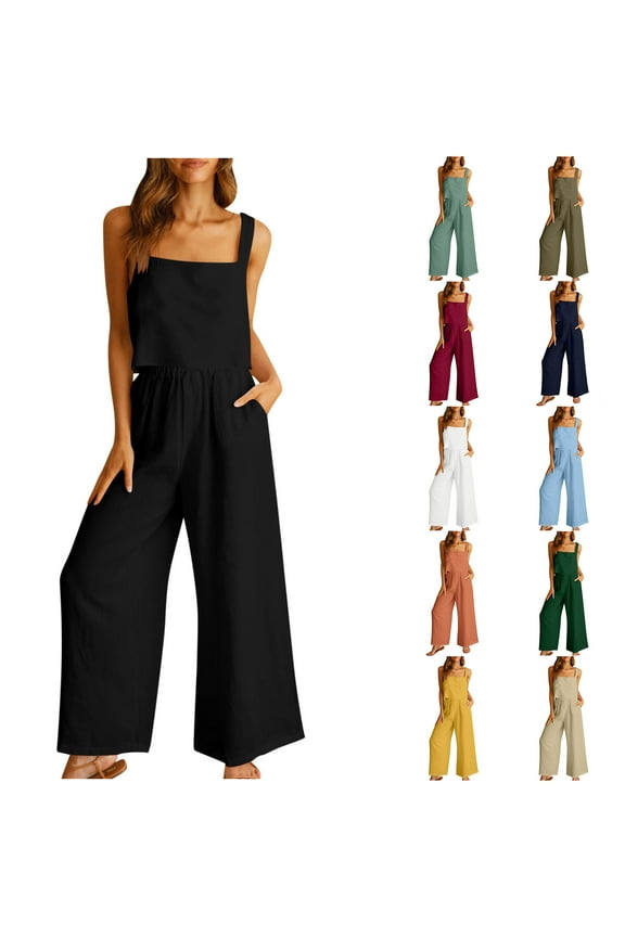 Women's 2 Piece Outfits Square Neck Linen Crop Tank Top Wide Leg Pants Matching Lounge Set Summer Casual Beach Sets