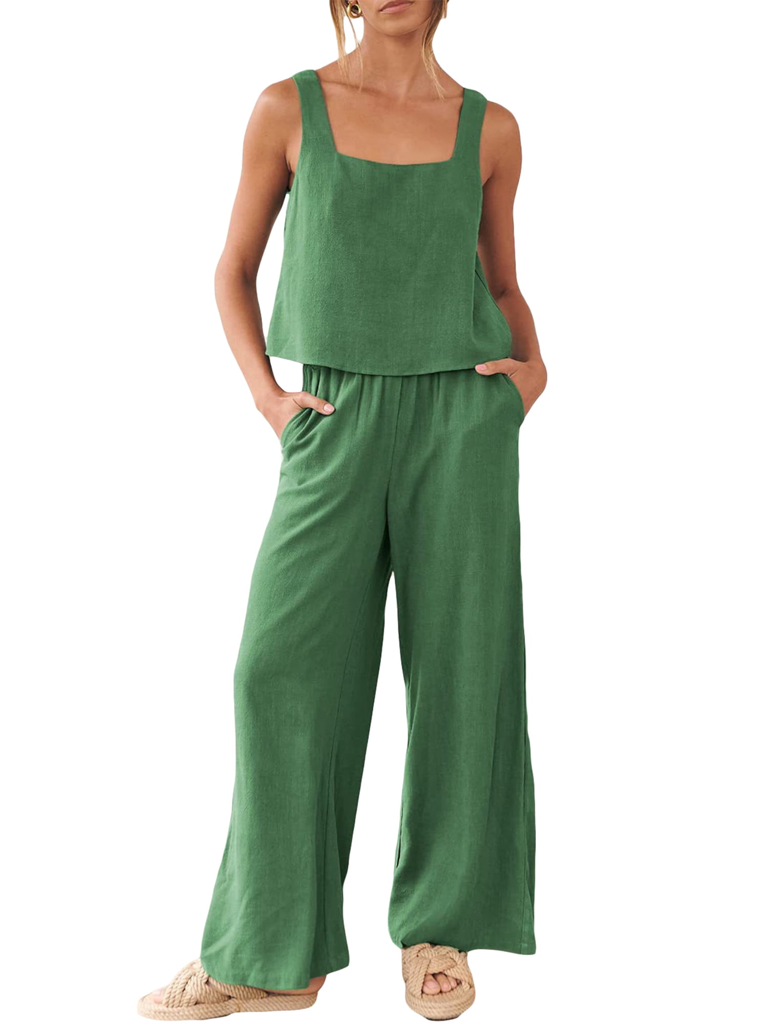 Women's 2 Piece Outfits Square Neck Linen Tank Crop Top Wide Leg Pants