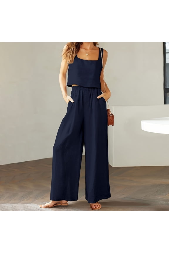 Women's 2 Piece Outfits Square Neck Tank Crop Top Wide Leg Pants Matching Set Tracksuit Polyester Track Pants Women Fall Attire Juniors Snow Gear Women Pinstripe Women's Suits Lifeguard Jumpsuit