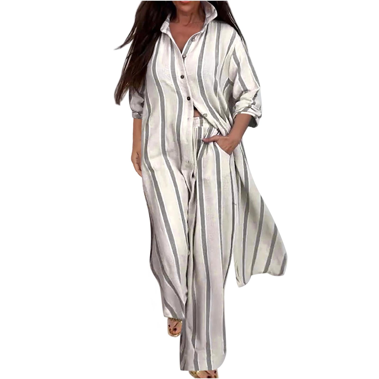 Casual Striped Long Sleeved Shirt Loose High Waist Shorts Two-piece Set main image 0