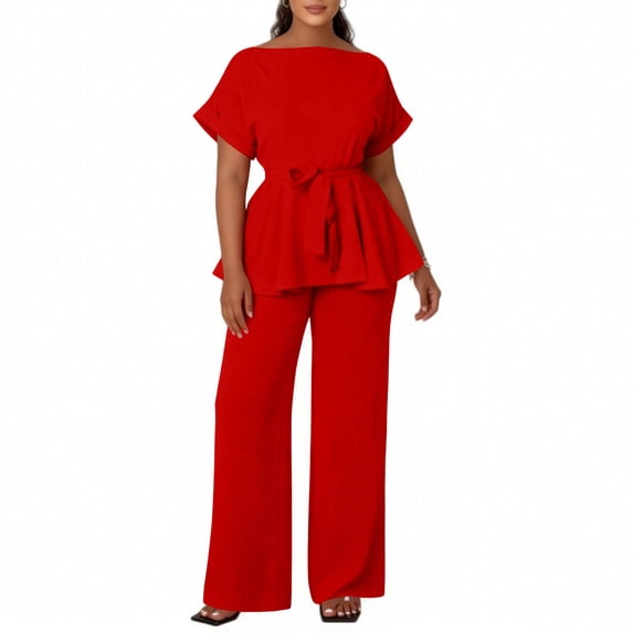 Women's 2 Piece Outfits Suit Set Short Sleeve Peplum Top Flared Pants Sets Business Pantsuits 2026 Red XL