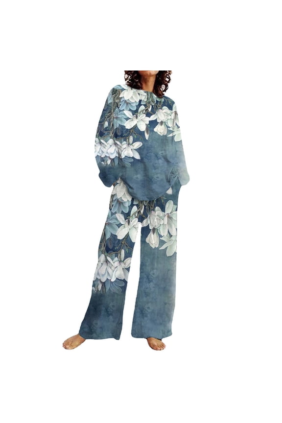 Women's 2 Piece Outfits Summer Casual Loose Floral Argyle Loungewear Set Crew Neck Tracksuit Long Sleeve Tops and Wide Leg Trousers Drawstring Baggy Joggers Pant Beach Suit Lounge Wear Sets