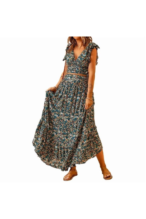 Women's 2 Piece Outfits Summer Floral Printed Crop Top Beaches Maxi Skirt Set