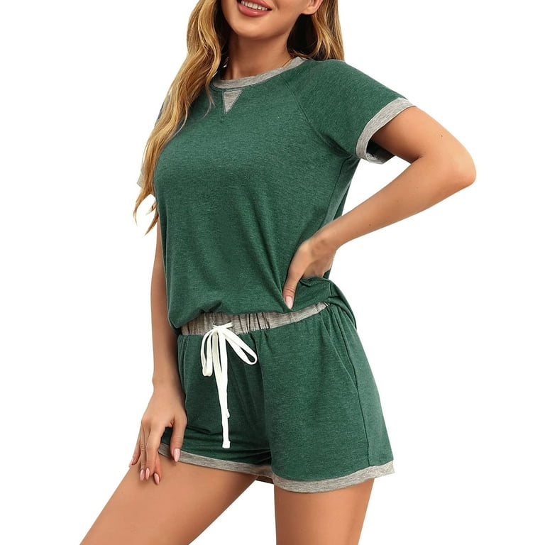 Women s 2 Piece Outfits Summer Short Sleeve Color Block T Shirt and Shorts Set Walmart