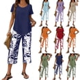 thumbnail image 1 of Women's 2-Piece Outfits Summer Short Sleeve Top and Floral Print Wide-Leg Capri Pants Sets Boho Floral Going Out Matching Outfits, 1 of 4