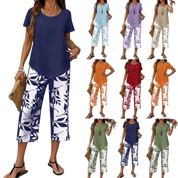 Women's 2-Piece Outfits Summer Short Sleeve Top and Floral Print Wide-Leg Capri Pants Sets Boho Floral Going Out Matching Outfits