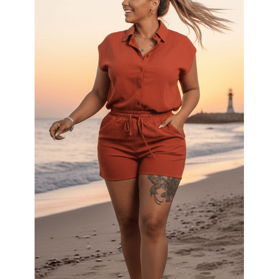 Women's 2 Piece Outfits Summer Sleeveless Stand Collar Shirt Tops Shorts Set, Resort Beach Lounge Casual Set, Office Women