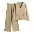 thumbnail image 1 of Women's 2 Piece Outfits Sweater Set Knit V Neck Button Pockets Tops Cardigan High Waisted Wide Leg Pants Lounge Set, 1 of 6