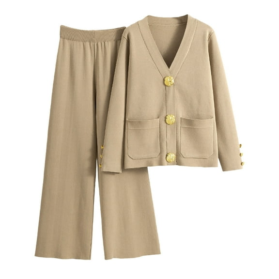 Women's 2 Piece Outfits Sweater Set Knit V Neck Button Pockets Tops Cardigan High Waisted Wide Leg Pants Lounge Set