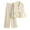 thumbnail image 1 of Women's 2 Piece Outfits Sweater Set Knit V Neck Button Pockets Tops Cardigan High Waisted Wide Leg Pants Lounge Set, 1 of 6