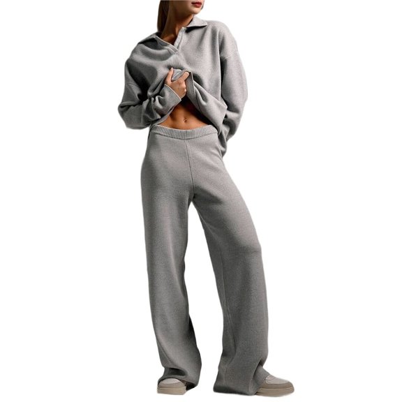 Women's 2 Piece Outfits Sweater Set Wide Leg Pants V-Neck Sweatsuit Loungewear Gray M